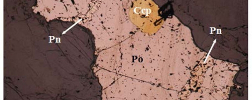 Photomicrograph of multi-phase sulphide grain - Pn=Pentlandite, Po=Pyrrhotite, Ccp=chalcopyrite